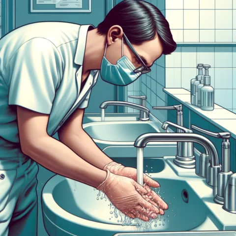 手袋をつけたまま、手洗いする歯医者さん